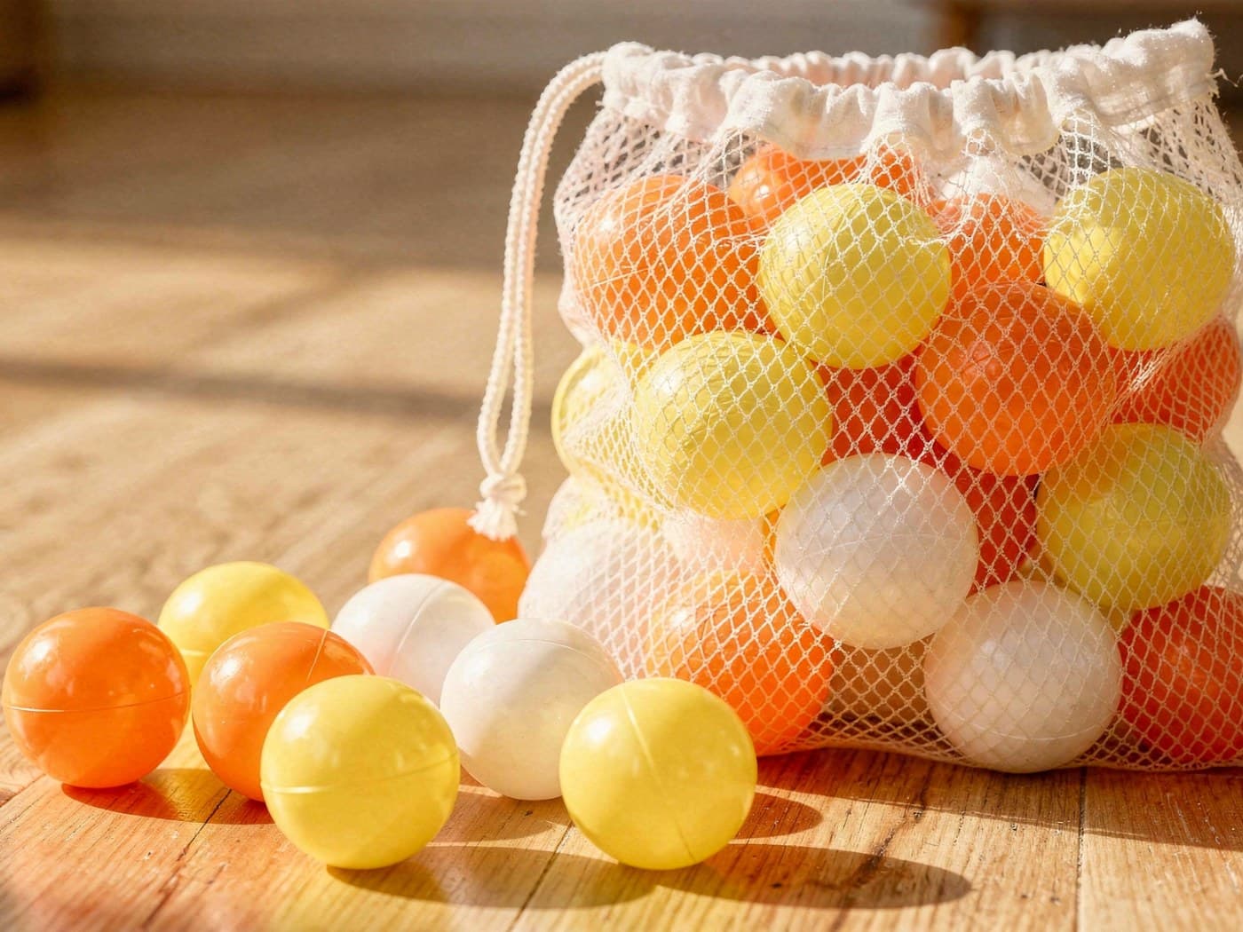 Las bolas amarillas, naranjas y blancas en su bolsa de rejilla, con algunas fuera