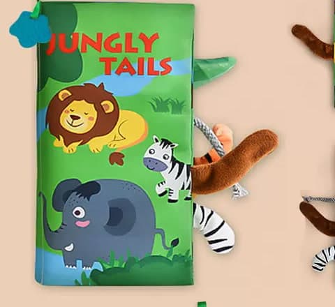 Libro sensorial de tela con animales, abierto